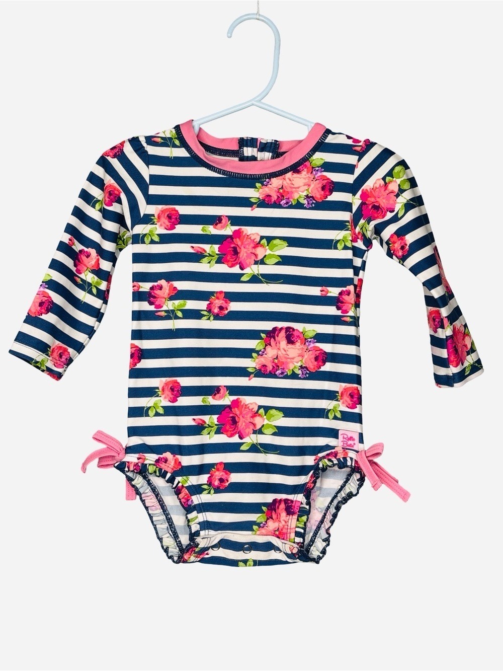 Ruffle Butts Navy Pink Floral Swimsuit UPF 50+ 12-18 months
